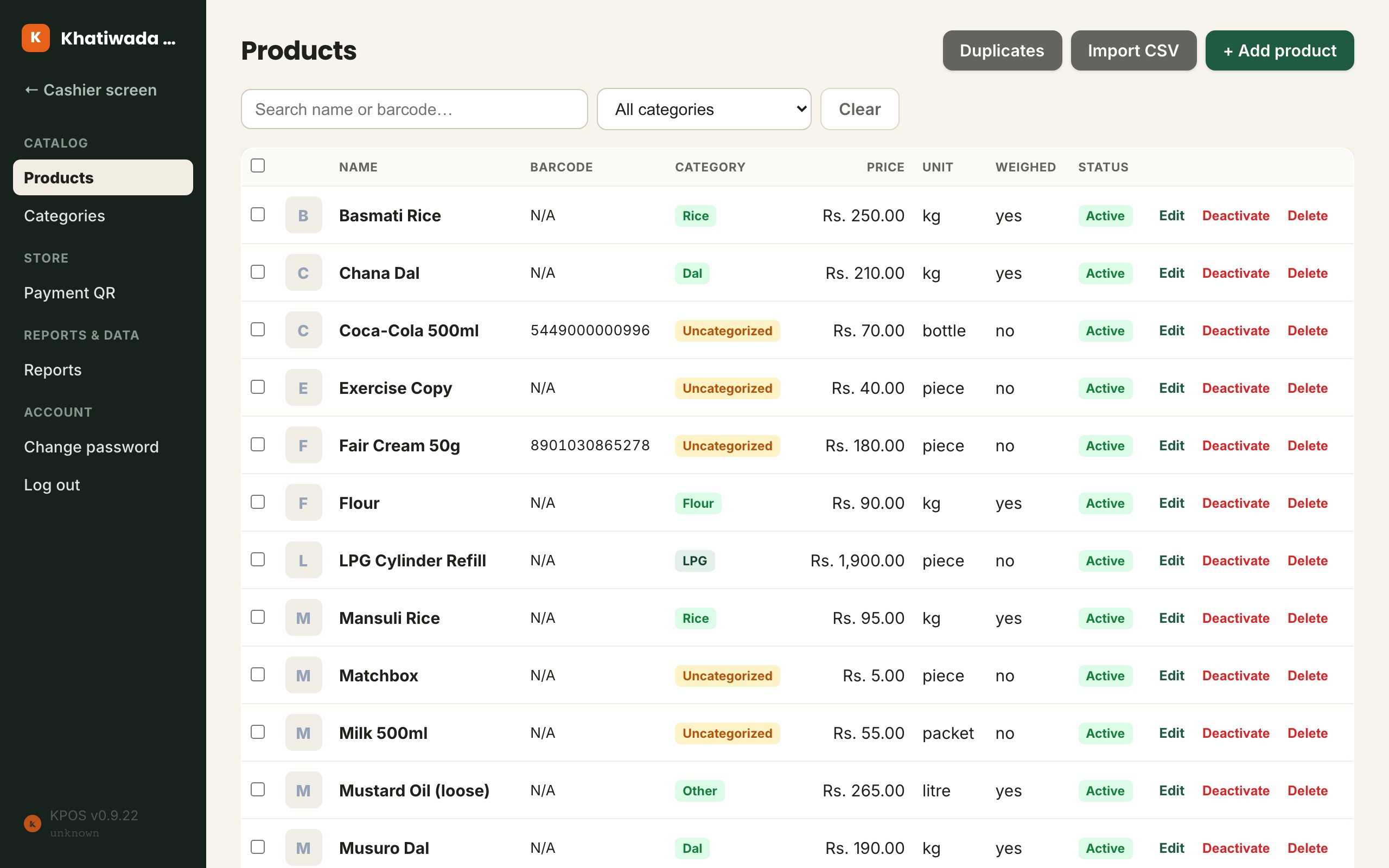 Khatiwada Store's admin product list, spanning rice, dal, drinks, stationery and more