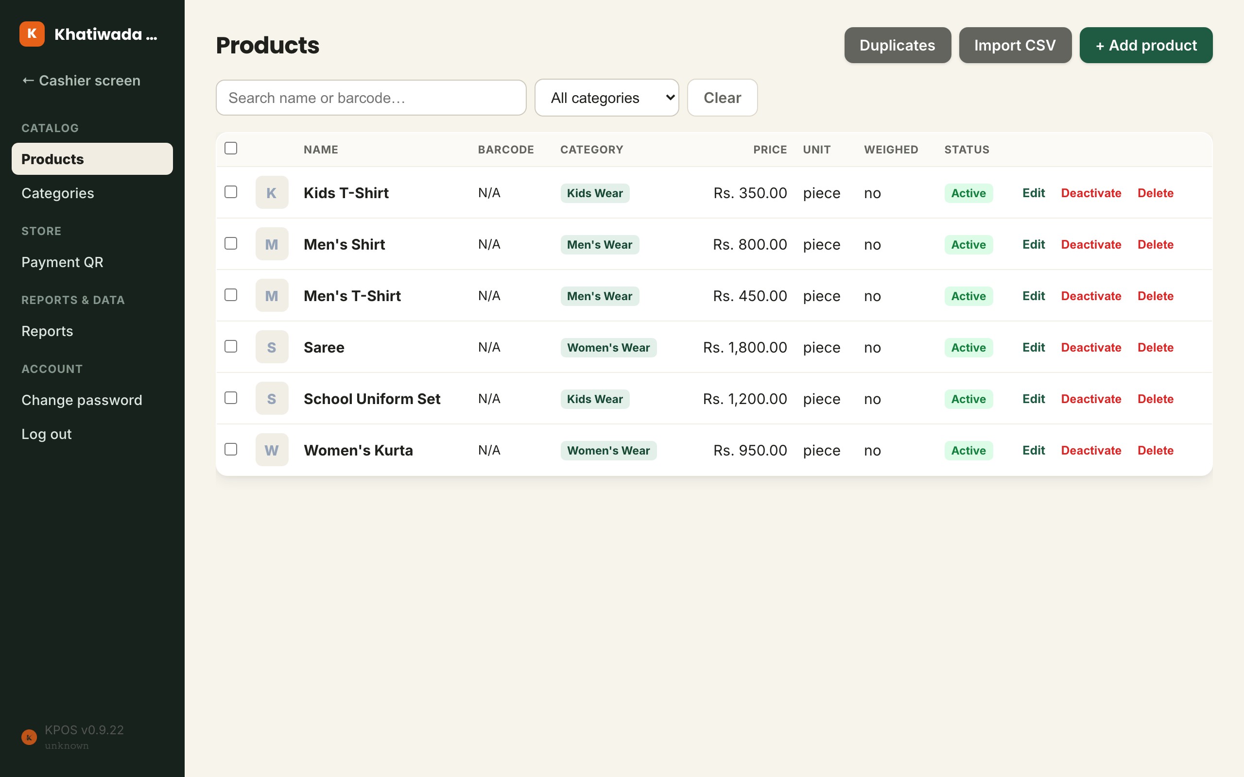 Khatiwada Clothing's admin product list, organised into Men's Wear, Women's Wear and Kids Wear