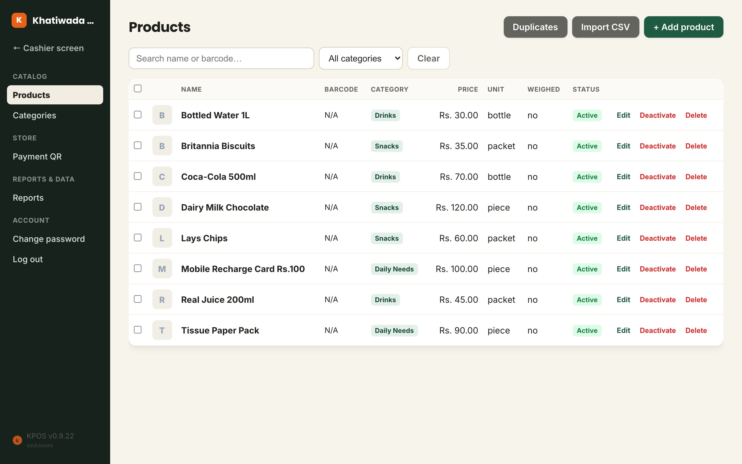 Khatiwada Minimart's admin product list, organised into Snacks, Drinks and Daily Needs