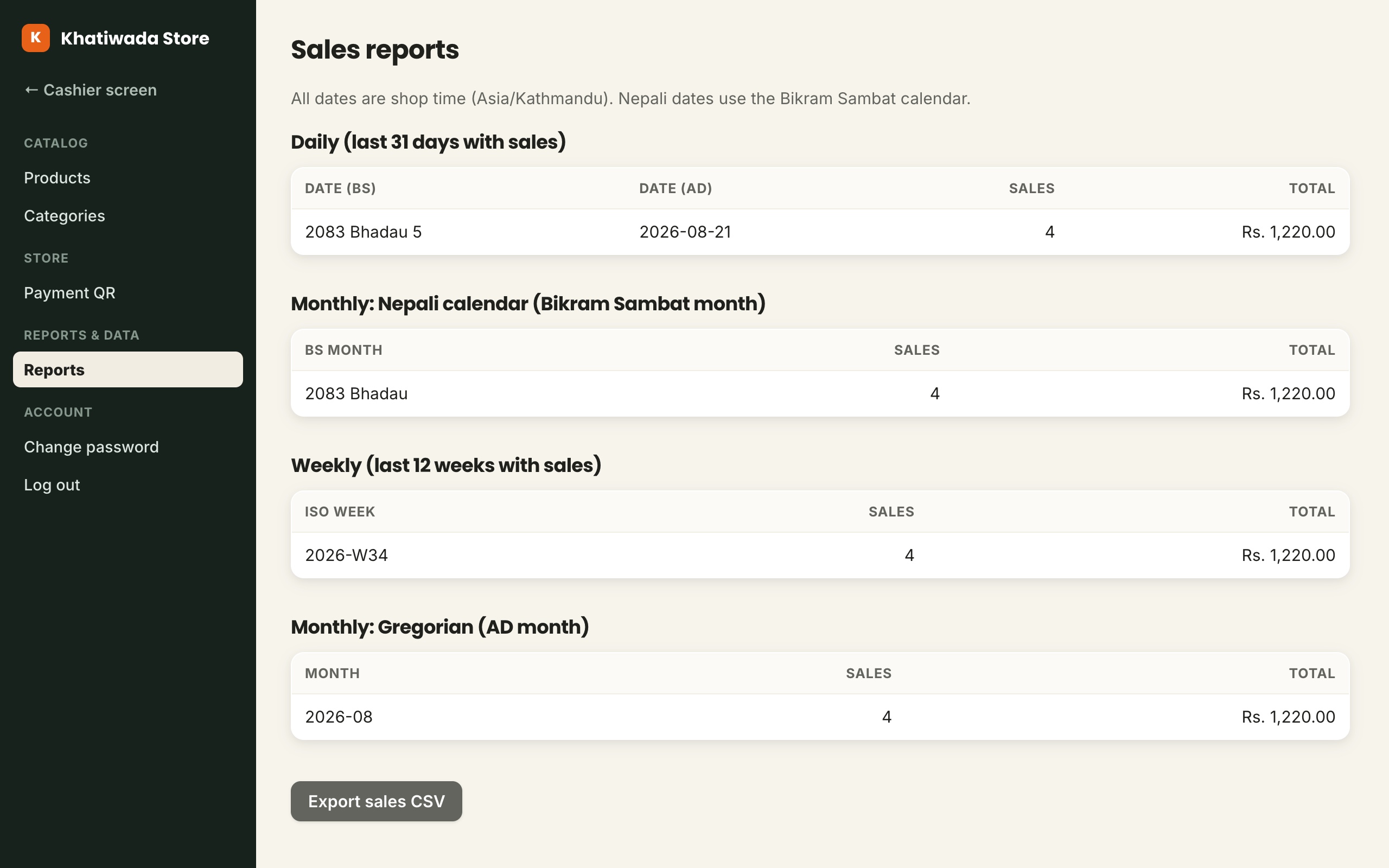 Sales reports screen